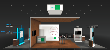 A 3D rendering of a trade show booth. The booth has a modern design with a wooden panel on the left side and a white wall on the right side. In the center of the booth there is a large white banner with the words "Pain Matters" written in red and green letters. Above the banner there are two green and white boxes with the same text. On the left and right sides of the image the booth has two blue and white screens displaying information about the booth's features. There is also a small table and chairs in front of the screen. The background is black and the overall color scheme is predominantly white and blue.