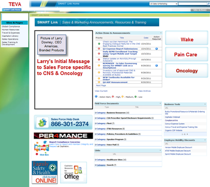 A screenshot of the homepage of a website called tea. The website has a blue and green color scheme with a white background. On the left side of the page there is a title that reads "Smart Link Sales & Marketing Announcements Resources & Training". Below the title there are several tabs for different sections of the website including "Wake" "Pain Care" "Oncology" and "perchance". On the top left corner of the image the website's logo is visible and on the top right corner it says "Larry's Initial Message to Sales Force specific to CNS & Oncology". On the bottom left corner the company's contact information is displayed in a white box with a blue header. There are also several buttons on the page that allow users to navigate through different sections. The main content of the webpage is a list of items that Larry's initial message to sales force specific to CNS and oncology. There is also a link to his website for more information about the website.