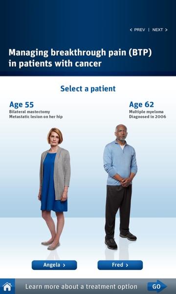 A screenshot of a mobile application called "Managing breakthrough pain (BTP) in patients with cancer". It shows two people a man and a woman standing side by side and looking at the camera. The woman is on the left side of the image wearing a blue dress and a gray cardigan. She has blonde hair and is standing with her hands on her hips. The man on the right side is wearing a light blue shirt and black pants. He has a serious expression on his face. At the top of the screen there is a blue banner with white text that reads "Select a patient" and below it there are two buttons - "Age 55" and "Age 62". The text below the banner reads "Multiple myeloma Diagnosed in 2006". There is also a "Learn more about a treatment option" button at the bottom of the screenshot.