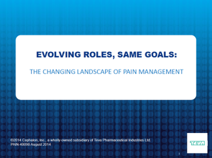 A title slide for a presentation on evolving roles same goals and the changing landscape of pain management. The slide has a blue background with a pattern of small white dots. In the center of the slide there is a white rectangle with black text that reads "EVOLVING ROLES SAME GOALS: THE CHANGING LANDSCAPE OF PAIN MANAGEMENT". Below the rectangle there are two lines of text that read "C2014 Copeland Inc. a wholly-owned subsidiary of nova Pharmaceutical Industries Ltd." The text is in a modern sans-serif font and is centered on the slide.