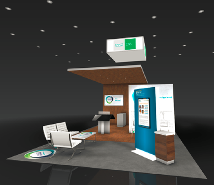 A 3D rendering of a trade show booth. The booth has a blue and white color scheme with a wooden roof. There is a large screen on the right side of the booth displaying information about the trade show. On the left side there is a desk with a computer monitor and a chair. The floor is made of concrete and there are two white chairs in front of the desk. Above the desk there are several lights hanging from the ceiling. The overall atmosphere of the image is modern and professional.