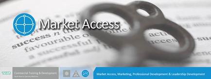 A close-up of a pair of black scissors resting on top of a piece of paper with the words "Market Access" written on it. The paper appears to be a document or a document of some kind. The scissors are positioned in the center of the image with the handle facing upwards. The background is blurred but it seems like the focus is on the scissors and the text. On the top left corner there is a blue logo with the text "Commercial Training & Development" and on the bottom right corner it reads "Marketing Marketing Professional Development & Leadership Development".