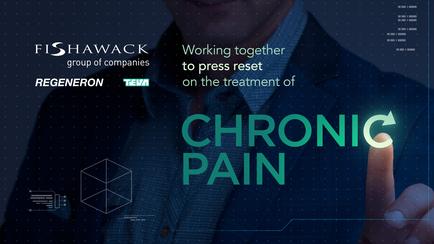 A digital advertisement for a company called Fishawack Group of companies. The background is dark blue with white text that reads "Working together to press reset on the treatment of Chronic Pain". On the right side of the image there is a close-up of a person's hand pressing a button on a touch screen. The person is wearing a suit and appears to be in a professional setting. On the left side there are various icons and text that represent the company's services. The overall design of the advertisement is modern and professional.
