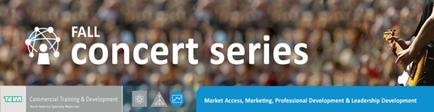 A banner for a fall concert series. The background is blurred but it appears to be a large crowd of people in a stadium. On the right side of the image there is a photo of a person playing a guitar. The person is wearing a black t-shirt and jeans and is holding the guitar with both hands. The text on the image reads "Fall Concert Series" in white letters. Below the text there are three logos - Commercial Training & Development Market Access Marketing Professional Development & Leadership Development and tea.
