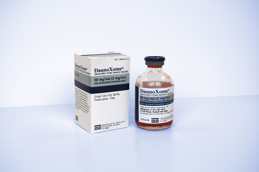 A white box with the brand name "DaunoXome" written on it. Next to the box there is a small glass vial with a black cap. The vial is filled with a red liquid and has a label on it that reads "50mg/vial (2 mg/mL)". The box is rectangular in shape and appears to be made of cardboard. The background is plain white.