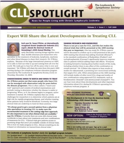 The front page of a newsletter from the Leukemia & Lymphoma Society. The headline reads "Expert Will Share the Latest Developments in Treating CLL". Below the headline there is a photo of a woman with blonde hair and a blue shirt. She is smiling and looking directly at the camera. On the right side of the page there are two bullet points. The first bullet point explains that the newsletter will share the latest developments in treating CLL while the second bullet point provides information about the treatment options available. The text is written in black font on a white background. At the bottom right corner of the image there has a button that says "New Option".