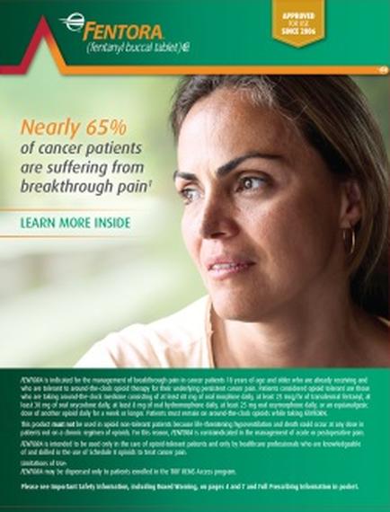 An advertisement for mentor a company that provides cancer treatment services. The advertisement features a photo of a woman with shoulder-length blonde hair looking off to the side with a serious expression on her face. The background is a light green color. The text on the advertisement reads "Nearly 65% of cancer patients are suffering from breakthrough pain" and "Learn more inside". Below the photo there is a brief description of the company's services which states that the company offers a range of treatment options for cancer patients. The company's logo is also visible on the top right corner of the advertisement.