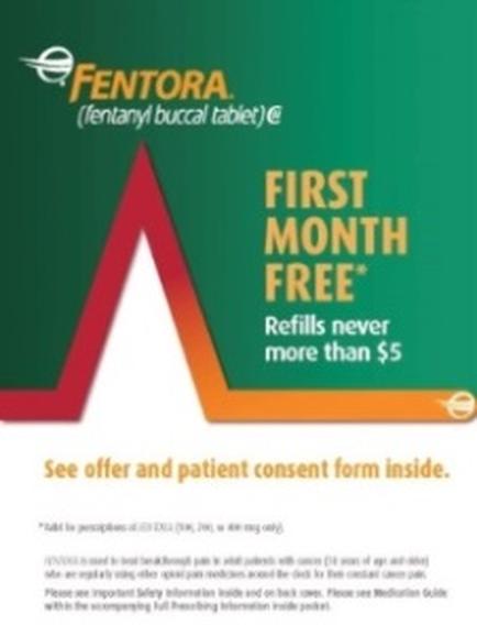An advertisement for mentor (fentanyl buccal tablet) with the text "First Month Free Refills never more than $5". The background of the image is green and the text is in white and orange. The text is centered on the image and is in a bold font. Below the text there is an image of a red arrow pointing upwards indicating that the product is available for purchase. The image also includes a note that reads "See offer and patient consent form inside."