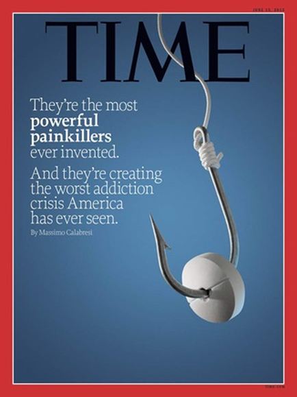 A cover of a Time magazine. The background is a solid blue color. On the right side of the cover there is a white fishing hook with a white ball attached to it. The hook is twisted and appears to be in the process of catching a fish. The text on the cover reads "They're the most powerful painkillers ever invented. And they're creating the worst addiction crisis America has ever seen." The text is in black and is in a modern sans-serif font.