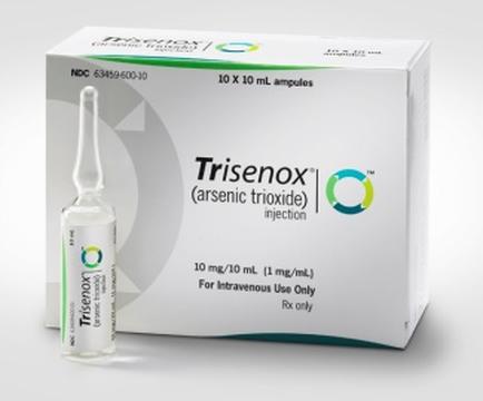 A white box with the brand name "Trisenox" written on it. The box is rectangular in shape and has a green and white logo on the top left corner. On the right side of the box there is a label that reads "10 x 10 ml (arsenic trioxide) injection". Below the label it says "10 mg/10 ml (1 mg/mL) For Intravenous Use Only" and "Fox only". On the bottom right corner there are two small vials of the same product. The vials are white with green and blue accents. The background is plain white.