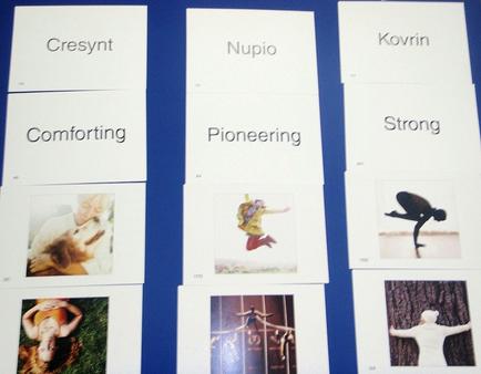 A collection of nine cards with the names of different people on them. The cards are arranged in a grid-like pattern on a blue background. Each card has a white background and the names are written in black text. The first card on the top left has the word "present" written in a cursive font. The second card has the words "Comforting" and "Nupio" written on it. The third card has "Pioneering" and the fourth card has an image of a person in a dance pose. The fifth card has two images of a woman in a white dress and a man in a black suit. The sixth card has three images of the same person in different poses. The seventh card has four images of two people in a gymnastics pose. All the cards appear to be related to the different people in the image.