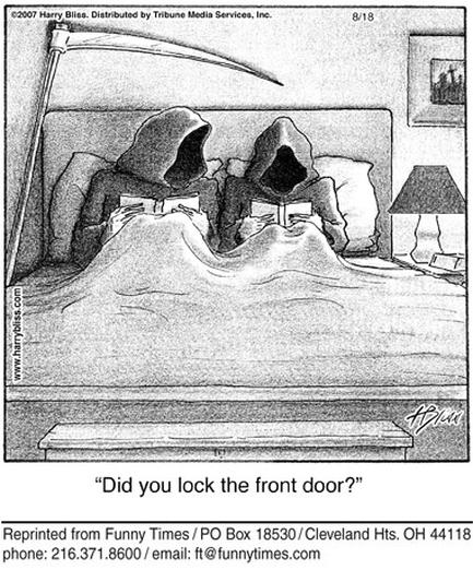 A black and white cartoon illustration of two people sitting on a bed facing each other. They are both wearing hooded cloaks and appear to be reading a book. The bed has a white comforter and there is a nightstand with a lamp on the right side of the bed. The background is a plain wall with a framed picture hanging on it. The text above the image reads "Did you lock the front door?"