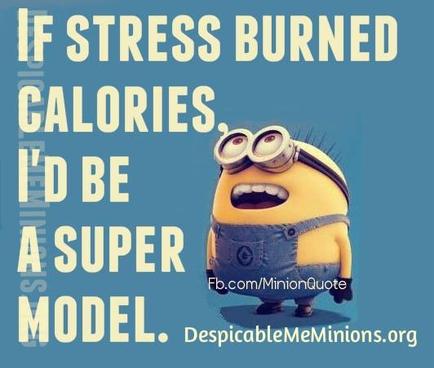 A meme featuring a minion from the movie Despicable Me. The minion is wearing a blue overall and has a pair of goggles on its head. It has a big smile on its face and its mouth is open as if it is laughing. The background is light blue and there is text on the image that reads "If stress burned calories I'd be a super model."