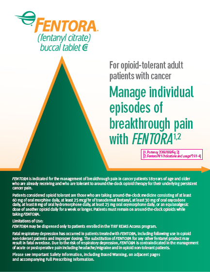 An idiographic titled "mentor (fentanyl citrate) buccal tablet". It is a pyramid-shaped graphic with a green background and white text. The pyramid is divided into three sections. The top section is labeled "For opioid-tolerant adult patients with cancer" and the bottom section is titled "Manage individual episodes of breakthrough pain with mentor 1.2". The pyramid is colored green and has a white border. The text is written in a bold sans-serif font and is centered on the pyramid. Below the pyramid there is a brief description of the idiographic which states that the idiographic is related to the management of breakthrough pain in cancer patients 18 years of age and older who are already receiving and who are not taking medication for their underlying persistent pain. At the bottom of the image there are additional information about the idiographic.