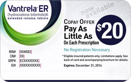An advertisement for cantrell ER (Hydrocodone nitrate) extended-release tablets. The background of the image is white and the text is in black. On the left side there is a green circle with the text "Vantrelaa ER" in white. Below the circle there are two lines of text that read "Copy Offer Pay As Little As On Each Prescription" and "No Registration Necessary". On the right side it says "Eligible insured patients only. Limitations apply. See back of card and accompanying brochure for details. Expires: December 31 2016." The text is written in a bold sans-serif font and is centered on the image.