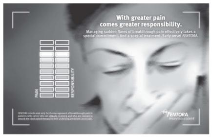 A black and white photograph of a woman's face with her eyes closed and her head resting on her hand. The background is a gradient of grey and white. On the left side of the image there is a text that reads "With greater pain comes greater responsibility. Managing sudden flares of breakthrough pain effectively takes a special commitment. And a special treatment. Early onset mentor." On the right side there are six boxes arranged in a grid-like pattern. The boxes are labeled "PAIN" "RESPONSIBILITY" and "mentors". The text is written in a modern sans-serif font and is centered on the image. The overall design is simple and minimalist.
