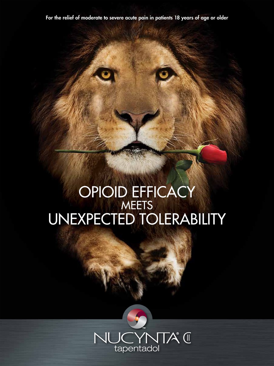 A digital poster with a black background. In the center of the poster there is a close-up of a lion's face with a red rose in its mouth. The lion's mane is a golden color and its eyes are a piercing yellow. The rose is a deep red color and is held in the lion's mouth. The text on the poster reads "Opioid Efficiency meets Unexpected Tolerability" and "For the relief of moderate to severe acute pain in patients 18 years of age or older". The logo of NUCYNTA is also visible at the bottom center.
