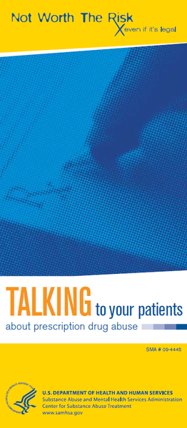 A cover page of a report titled "Not Worth The Risk: Even if it's legal". The background of the page is a light blue color with a diagonal pattern of small white dots. The title of the report is written in bold white letters at the top followed by the subtitle "Talking to your patients about prescription drug abuse". Below the title there is a logo of the U.S. Department of Health and Human Services which is a shield with a blue and white checkered pattern. At the bottom of the cover page there are two lines of text in orange and yellow.