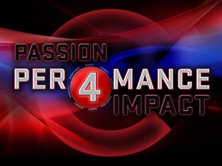 A graphic design with a dark background and a red and blue wave-like pattern. In the center of the image there is a red circle with the words "Passion Per 4 dance Impact" written in white text. The text is in a bold sans-serif font and is centered in the middle of the circle. The wave pattern is made up of curved lines that create a sense of movement and energy. The overall design is modern and eye-catching.