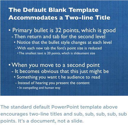 A slide from a PowerPoint presentation. It has a blue background with white text. The title of the slide is "The Default Blank Template Accommodates a Two-Line Title". Below the title there is a subtitle that reads "Primary bullet is 32 points which is good. Then return and tab for the second level. Notice that the bullet style changes at each level. With each new tab the font's point size is reduced. The smallest text is 20 points and the alinement size is smaller. When you move to a second point it becomes obvious that this just might be. Something you want to hear the audience to read. Instead of hearing you present the content. In compelling and human way. The standard default PowerPoint template above encourages two-line titles and sub sub-sub sub and sub-points. It's a document not a slide."