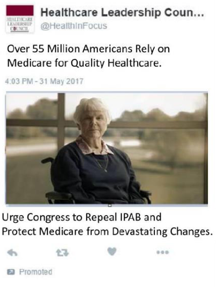 A screenshot of a tweet from the Healthcare Leadership Council. The tweet reads "Over 55 Million Americans Rely on Medicare for Quality Healthcare. 4:03 PM - 31 May 2017. Urge Congress to Repeal ipad and Protect Medicare from Devastating Changes." The tweet is accompanied by an image of an elderly woman sitting in a wheelchair. She is wearing a blue sweater and has white hair. The background is blurred but it appears to be an outdoor setting with trees and a blue sky.