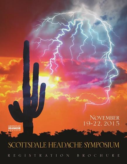 A poster for the Scottsdale Headache Symposium Registration Brochure. The background of the poster is a beautiful sunset with orange and pink hues. In the center there is a silhouette of a cactus plant with a lightning bolt striking over it. The lightning bolt is in the shape of a human head with the words "November 19-22 2015" written below it.