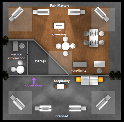 A 3D floor plan of a hospital room. The room is divided into two sections with the left side showing the medical information section and the right side showing a hospitality section. There are two rooms in the room one labeled "hospitality" and the other labeled "branded". The hospitality room has a closet door which is located in the center of the room. There is a large window on the left wall which allows natural light to enter the space. The room is furnished with a desk chairs and a computer as well as a few other medical equipment. There are also several tables and chairs scattered throughout the room for guests to sit and enjoy the view. On the right wall there is a TV and a coffee table. The floor plan also shows the location of a DVD giveaway which can be accessed through the DVD giveaway.