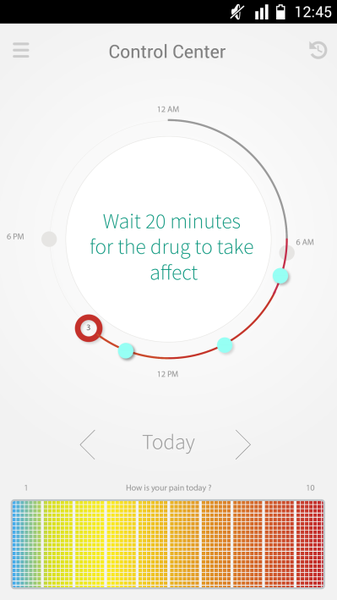 A screenshot of the Control Center app on an iPhone. The app has a white background with a circular clock in the center. The clock has a red circle in the middle with the text "Wait 20 minutes for the drug to take affect" written in blue. Around the clock there are three blue circles with the date "12 AM" written on them. Below the circle there is a text that reads "Today" and below that it reads "How is your pain today?". At the bottom of the screen there has a color palette with different shades of blue green yellow and red.