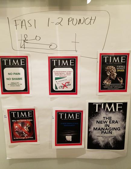 A whiteboard with six posters hanging on it. The posters are arranged in a grid-like pattern and each one has a different cover of a book titled "fast 1-2 PUNCH". The first poster on the top left has the title "No Pain No Shame" written in bold black letters. The second poster has the subtitle "The New Era Managing Pain" written on it in smaller black letters followed by the author's name and the title of the book. The third poster has an illustration of a person's face with their eyes closed and their mouth open as if they are in pain. The fourth poster has a red and white cover with the word "TIME" written above it. All the posters appear to be related to the book's title and author's work.