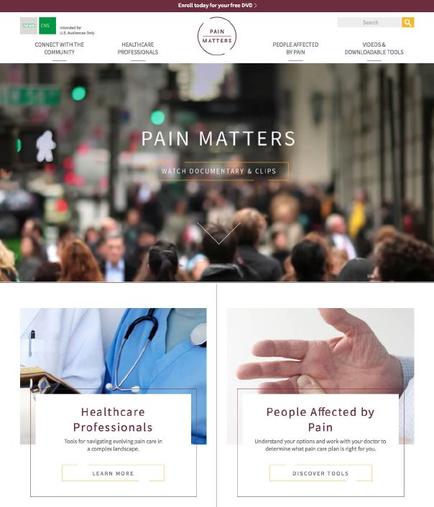 A screenshot of the homepage of a website called "Pain Matters". The website has a white background with a blue header and footer. At the top of the page there is a navigation bar with the company's logo and contact information. Below the navigation bar there are two tabs - "Healthcare Professionals" and "People Affected by Pain". The first tab on the left side of the image shows a close-up of a person's hand with a stethoscope around their neck. The background shows a busy city street with people walking on the sidewalk and buildings in the distance. The text on the top right corner reads "Watch Documentary & Clips". The bottom left corner has a banner with the text "Learn More" and a button that says "Discover Tools".