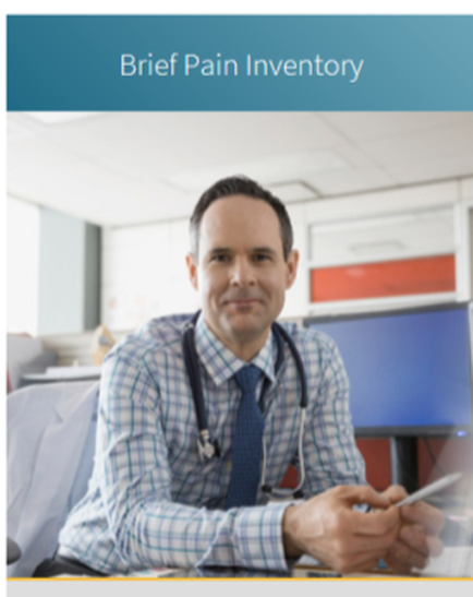 A man sitting at a desk in an office. He is wearing a blue checkered shirt and a stethoscope around his neck. He has short dark hair and is smiling at the camera. The desk is cluttered with papers a computer monitor and other office supplies. The background is blurred but it appears to be an office with a window and a desk lamp. The image is accompanied by text that reads "Brief Pain Inventory".