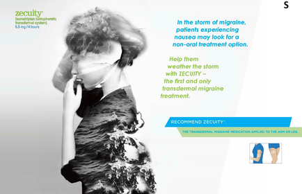 A black and white photograph of a woman with her head in her hands. She appears to be in distress with her eyes closed and her mouth slightly open. The background is blurred but it seems like she is standing in front of a stormy sky. On the right side of the image there is text that reads "In the storm of migraine patients experiencing nausea may look for a non-oral treatment option. Help them weather the storm with security - the first and only transdermal migraine treatment." Below the text there are two icons - one is a blue circle with the letter "S" and the other is a green circle with a white arrow pointing to the right. The text is written in a modern sans-serif font.