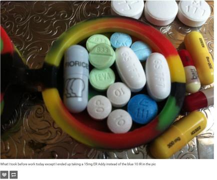 A colorful bowl filled with various pills and capsules. The bowl is placed on a gold-colored surface with a floral pattern. The pills are of different colors and sizes including white blue green yellow and red. Some of the pills have the word "force" written on them while others have the letters "tea" written in white. There are also a few other pills scattered around the bowl. The image appears to be taken from a top-down perspective looking down on the contents of the bowl and the pills.