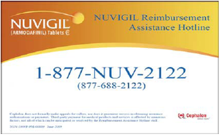 A business card for vigil Reimbursement Assistance Hotline. The card has a white background with orange and yellow accents. The top left corner of the card has the company's logo which is a yellow circle with the word "vigil" written in black. Below the logo there is a text that reads "Armodafinil Tablets" in black font. The card also has a phone number 1-877-NUV-2122 in blue font. The phone number is written in a smaller font size and is located at the bottom right corner. The text below the phone number reads "877-688-2222" in a larger font size. The company's contact information is also written in blue text. At the bottom of the image there are two logos one for cachalot and the other for the company. The Caphalón logo is a red circle with a white outline and the text is in black text.