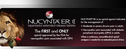 A banner or advertisement for NUCYNTA ER (NUCYNTA ER) tapentadol extended-release tablets. The banner has a black background with a picture of a lion on the left side. The lion is holding a red rose in its mouth and is looking directly at the viewer. On the right side of the banner there is text that reads "The first and only opioid approved by the FDA for neuropathy pain associated with DPN". Below the lion there are three bullet points that explain the benefits of the tablets. The first bullet point states that the tablets are for the management of: - Moderate to severe chronic pain in adults. - neuropathy pain is associated with diabetic peripheral neuropathy (DPN) in adults - When a continuous around-the-clock opioid analgesic is needed for an extended period of time There is also a red circle with a white arrow pointing to the right indicating that the product is available for purchase. The text is written in white and is in a modern font.