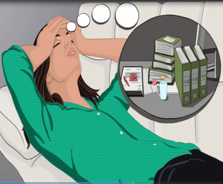 A young woman sitting on a couch with her eyes closed and her head resting on her hands. She is wearing a green shirt and appears to be deep in thought. On the right side of the image there is a circular illustration of a desk with a stack of books a cup of coffee and a calculator. The desk is cluttered with papers a pen and other office supplies. The background is a gray wall with three circular windows.
