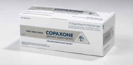 Of a white box with the brand name "Copaxone" written in bold black letters on the top left corner. The box is rectangular in shape and has a label on the front that reads "12 Single-Dose Pre-Filled Syringes" in smaller black letters. Below the label there is a description of the product which states that it is for subcutaneous injection only. The label also mentions that the product is "three times a week" and that it contains 40 syringes. On the right side of the box there are instructions on how to use the syringe. The background is plain white.