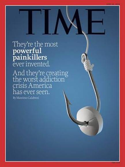 A cover of a Time magazine. The background is a solid blue color. On the right side of the cover there is a white fishing hook with a white ball attached to it. The hook is tilted slightly to the left as if it is about to hit the ball. The text on the cover reads "They're the most powerful painkillers ever invented. And they're creating the worst addiction crisis America has ever seen." The text is written in a bold black font.