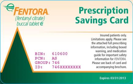 A prescription savings card for mentor (fentanyl citrate) buccal tablet. The card has a green triangle on the left side with the company's logo on the top left corner. On the right side there is a text that reads "Prescription Savings Card" in bold white letters. Below the text there are two lines of text that read "Insured patients only. Limitations apply. Please see the attached full prescribing information including boxed warning and medication guide for important safety information. Please note back of card and accompanying brochure. Expires 03/31/2013." The card also has a number "BIN: 610660" and the text "PCN: AS Group: 746" at the bottom.