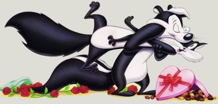 A digital illustration of two skunks one black and one white engaged in a playful fight. The skunks are standing on their hind legs with their front paws in the air and their tails curled around each other. They are surrounded by red roses and a pink gift box with a red ribbon tied around it. The background is a light beige color. The overall mood of the image is cheerful and playful.