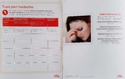 A photograph of a woman with her head in her hands indicating that she has headache. The photograph is on the right side of the image and is accompanied by text that reads "Track your headaches". On the left side there is a table with a list of questions and answers. The questions are written in red and white text and are arranged in a grid-like format. The table appears to be a template for tracking headaches. The background is white and the text is in black.