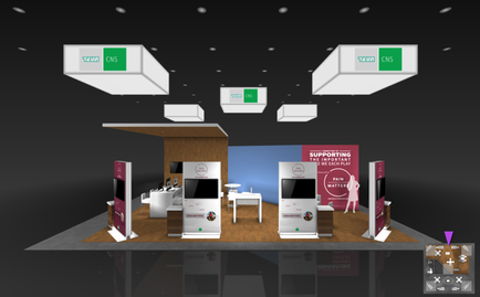 A 3D rendering of a trade show booth. The booth has a black background with white and pink accents. There are three large white boxes hanging from the ceiling each with a green logo on the front. The boxes are arranged in a triangular formation with the largest box in the center and two smaller boxes on either side. In front of the booth there is a wooden countertype with a white table and chairs. On the countertype there are two large screens displaying information about the booth's services. There is also a pink banner with the words "Supporting the Future" and a logo of a person with their arms outstretched as if they are embracing the future. The overall design is modern and professional with a focus on technology and innovation.