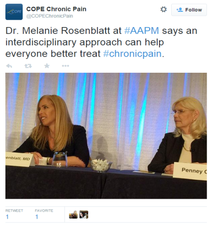 Two women sitting at a table with nameplates in front of them. The woman on the left is Dr. Melanie Rosenblatt MD and the other woman is Penney C. Both women are wearing black blazers and appear to be engaged in a conversation. The background is a blue curtain with white lights. The tweet accompanying the image reads "COPE Chronic Pain #AAPM says an interdisciplinary approach can help everyone better treat #chronicpain."