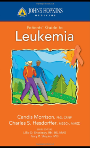 The cover of a book titled "Patients' Guide to Leukemia". The cover is predominantly orange in color with a blue background. In the center of the cover there is an illustration of two people walking in a park-like setting with trees and mountains in the background. The person on the left is wearing an orange shirt and purple pants while the person in the middle is wearing a blue shirt and gray pants. On the right side of the image there are two orange ribbons one on each side representing breast cancer awareness. The title of the book is written in white text at the top with the author's name candid Morrison PhD crap Charles S. Hesdorffer MBBCH mme written in smaller text below.