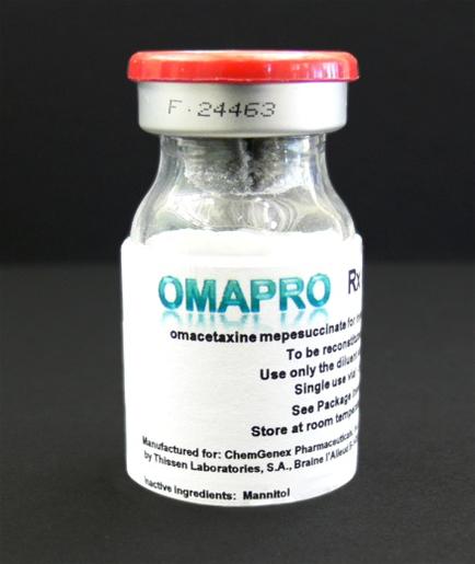 Of a small glass vial with a red lid. The vial is labeled "OMAPRO RX" and has a white label with black text. The label also has the brand name "F-24463" written in bold letters at the top. Below that there is a description of the product which reads "omacetaxine mepesucinate for use only in single use". The label states that the product is manufactured for ChemGenex Pharmaceuticals by hisses Laboratories S.A. and is available for purchase at a store at room temperature. The background of the image is black.