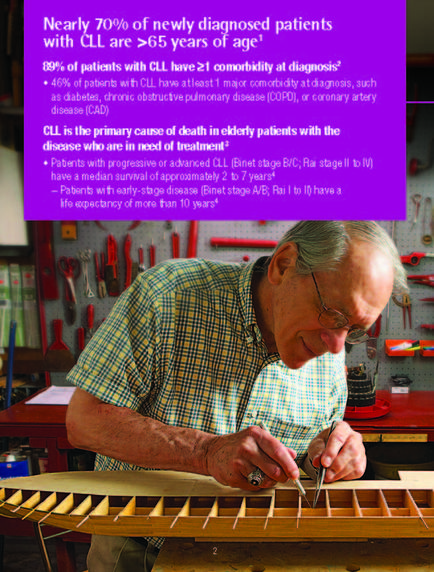 An elderly man working on a wooden instrument in a workshop. He is wearing a plaid shirt and glasses and is holding a pair of scissors and appears to be working on the instrument. The instrument is made of wood and is resting on a workbench. In the background there are various tools and equipment hanging on the wall. On the top right corner of the image there is a purple banner with text that reads "Nearly 70% of newly diagnosed patients with CLL are 65 years of age".