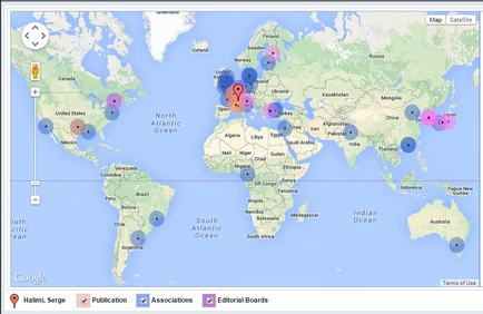 This is a world map with pins for Publications (in Red) Associations (in Blue) and Editorial Boards (in Purple) associated with Serge Halimi. It was originally created in Google Maps.<br />