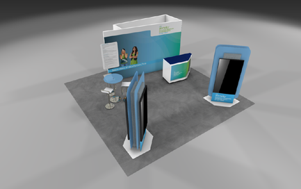 A 3D rendering of a trade show booth setup. The booth is rectangular in shape and has a blue and white color scheme. On the left side of the booth there is a large white box with a green and blue design on the front. Next to the box there are two small tables with a blue tablecloth and a white tablecloth. On the right side there comes a small blue kiosk with a black screen and a blue cover. The kiosk is placed on a gray carpeted floor. In front of the kiosk there appears to be a small table with two chairs and a small plant on it. There is also a small white box on the floor next to the table. The background is a light grey color and the overall design is modern and minimalist.