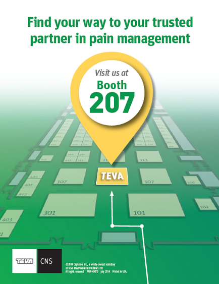 This is a map to the Teva CNS booth at an unidentified conference or event with the tagline "Find your way to your trusted partner in pain management : visit us at Booth 207".