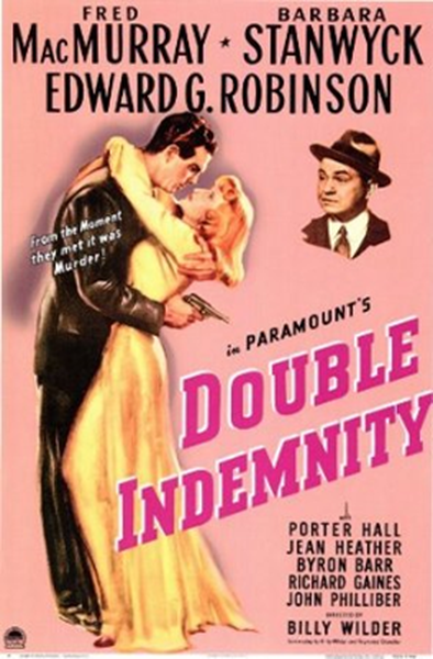 A movie poster for the film "Double Indemnity" starring Fred MacMurray Barbara Stanwyck and Edward G. Robinson. The poster has a pink background with the title of the film in bold white letters at the top. Below the title there is a smaller image of the two actors Fred and Barbara in a romantic embrace. Fred is on the left side of the poster wearing a black suit and holding a gun while Barbara is in the center. On the right side there are two smaller images of the actors one in a suit and the other in a hat. At the bottom of the image the names of the cast and crew are written in smaller white letters.